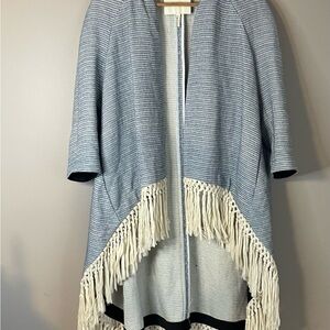 Maje blue open front duster jacket with fringe size 1